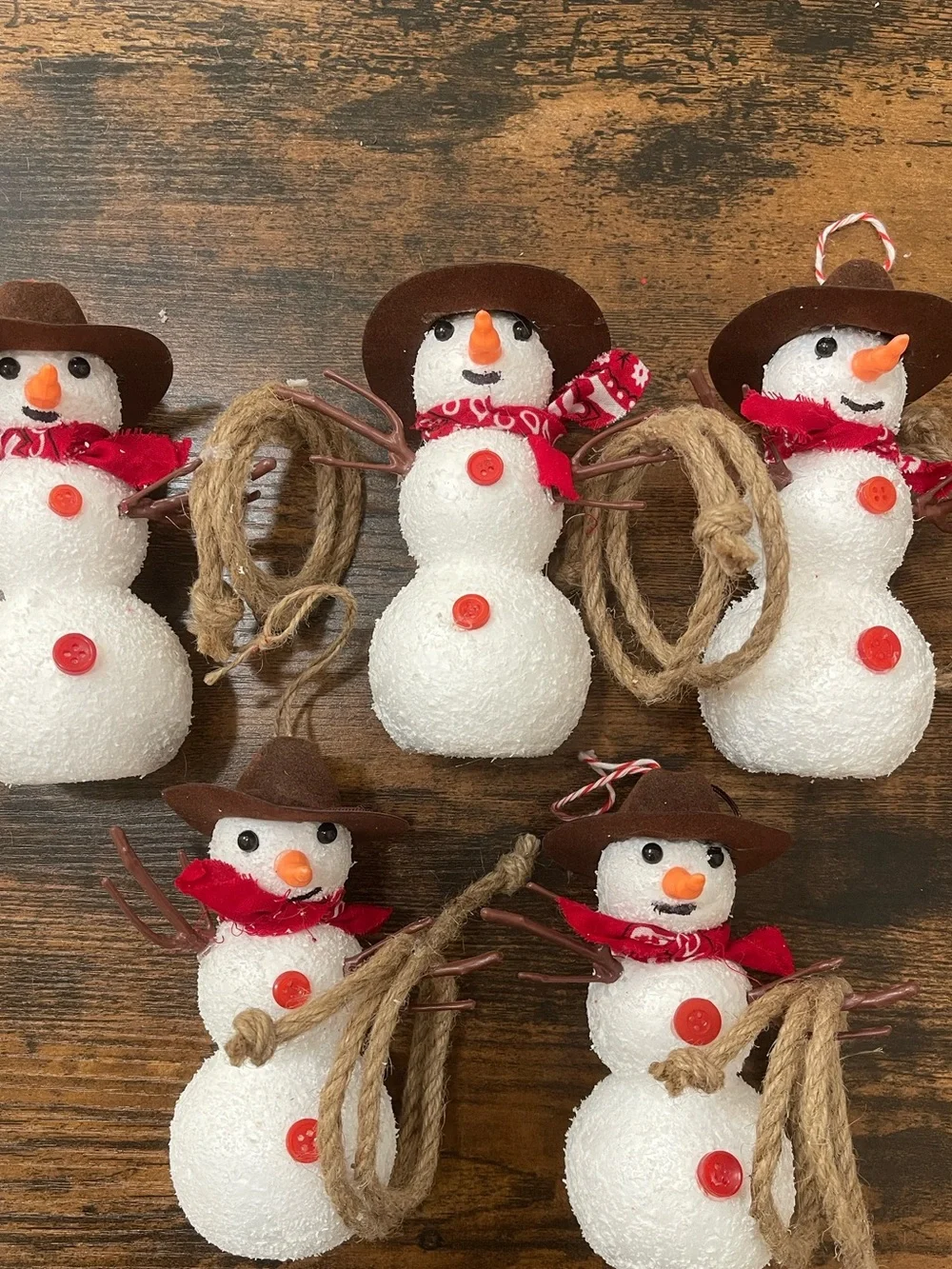 Festive White Cowboy Snowman Ornaments with Brown Hats and Red Scarves set of 5